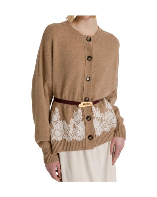 Alberta Ferretti Brown Cashmere Cardigan With Contrasting Lace Hem