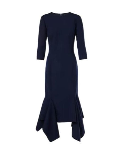 Oscar de la Renta Blue Pleated Wool-Blend Midi Dress