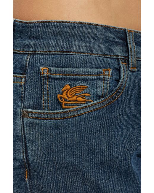 Etro Blue Pegaso-Embroidered Tapered Jeans for men
