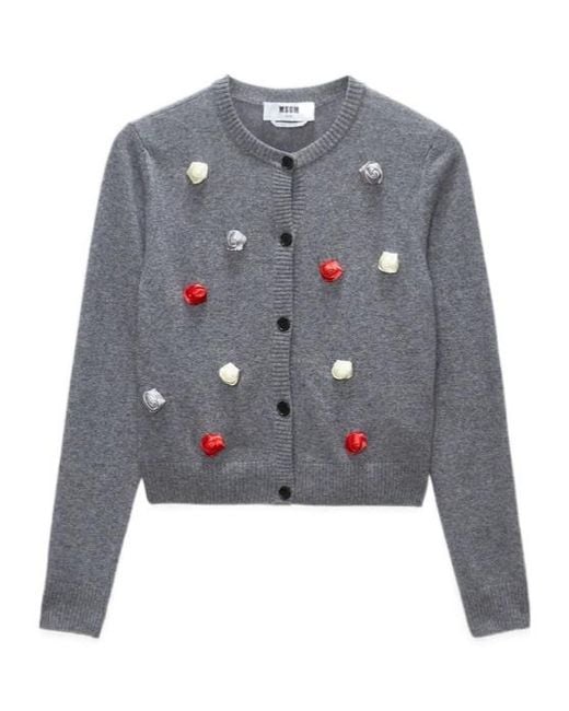 MSGM Gray Rose-Appliqué Knitted Cardigan