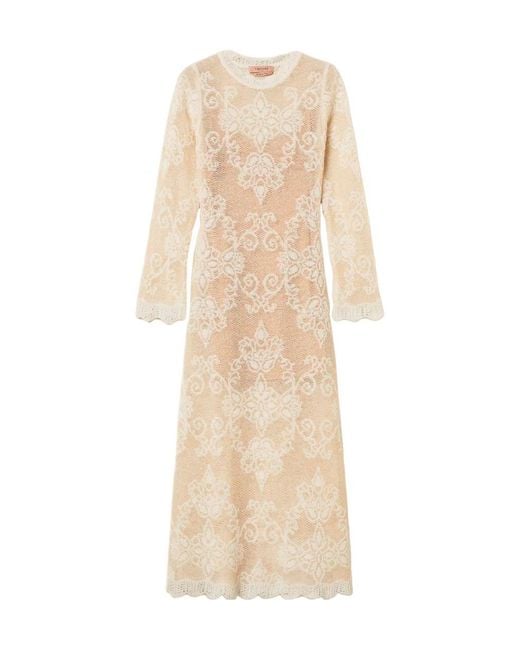 Twinset Natural Lace-Knit Long-Sleeve Midi Dress