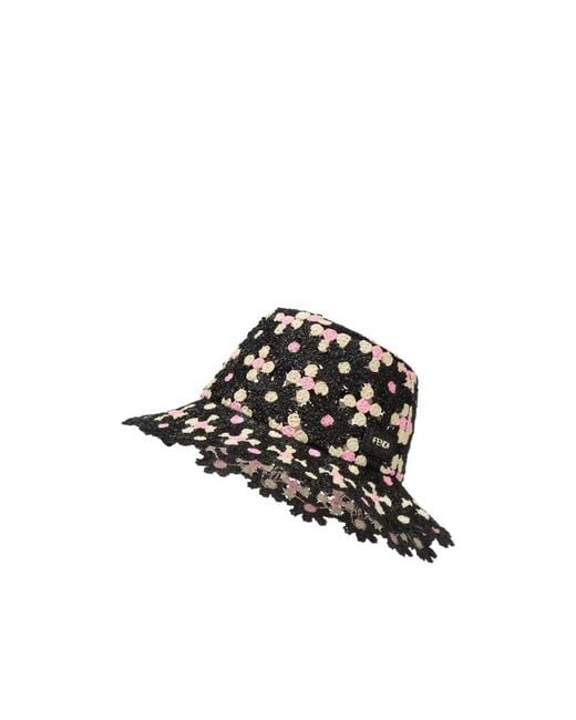 Fendi Black Crochet-Knit Floral-Pattern Bucket Hat