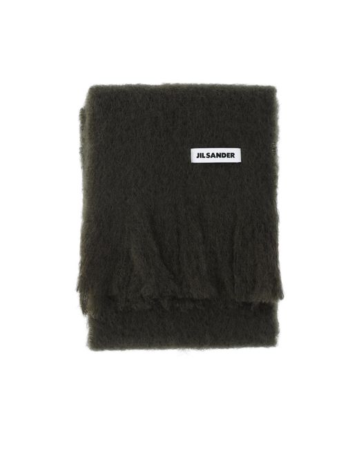 Jil Sander Black Fringed Logo Patch Scarf for men