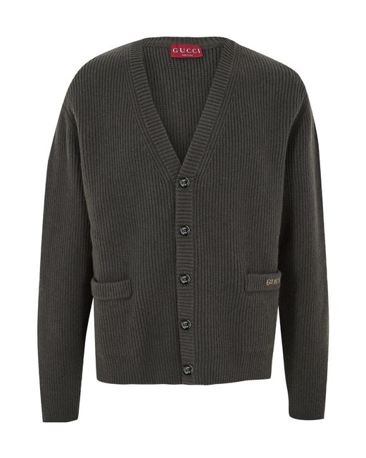 Gucci Gray V-Neck Ribbed Knit Cardigan for men