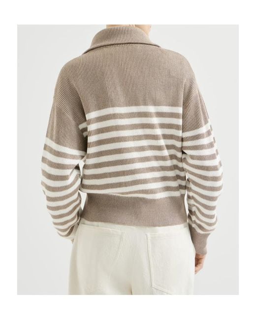 Brunello Cucinelli Multicolor Sparkling Cotton Striped English Rib Cardigan With Zipper And Monili