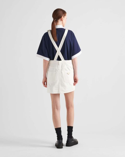 Prada White Triangle-Logo Denim Overall Mini-Dress