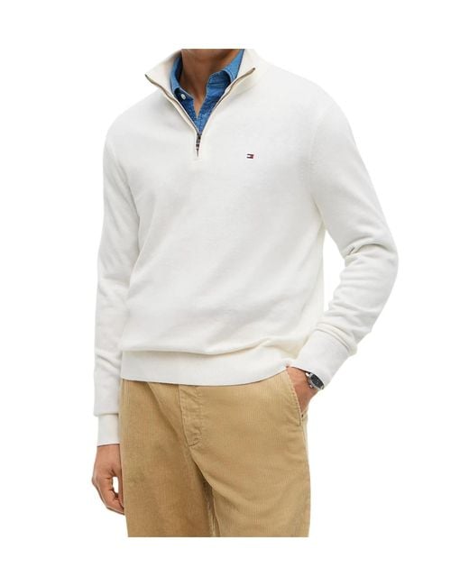 Tommy Hilfiger White Mock Neck Quarter-Zip Jumper With Cashmere for men