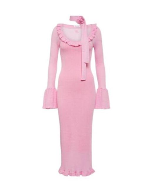 Blumarine Pink Ruffled Wool Midi Dress