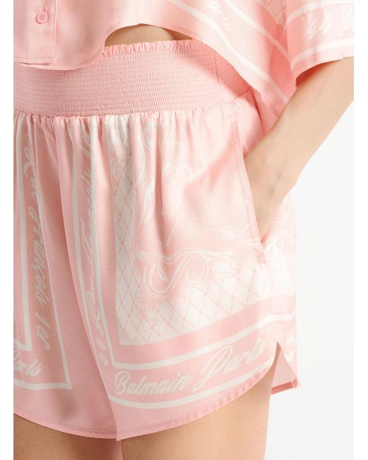 Balmain Pink Scarf-Print High-Waist Shorts