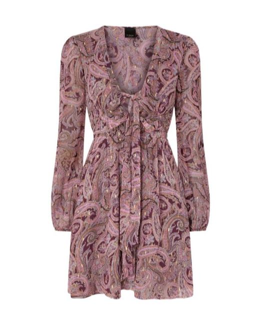Pinko Purple Paisley-Print Tie-Neck Mini Dress