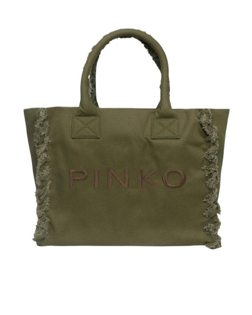 Pinko Green Logo Embroidered Beach Shopper Bag