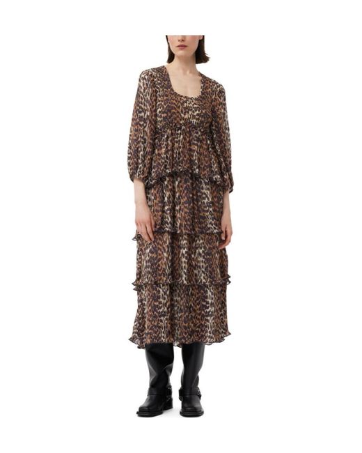 Ganni Brown Leopard Printed Pleated U-Neck Midi Dress