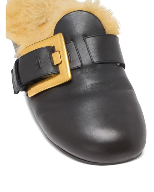 Balmain Black Flat Leather And Faux Fur Mules