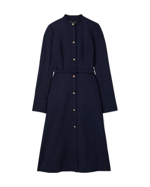 Oscar de la Renta Blue Belted Wool-Blend Midi Dress
