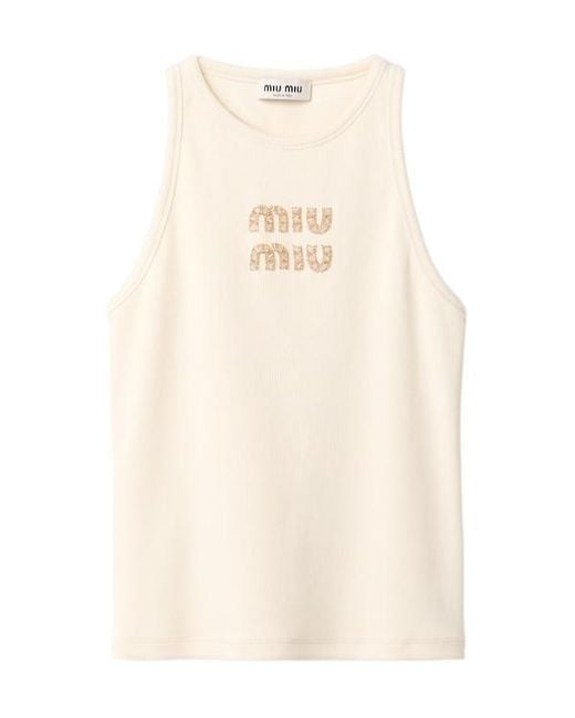 Miu Miu Logo-Embellished Ribbed Sleeveless Top in Natural | Lyst