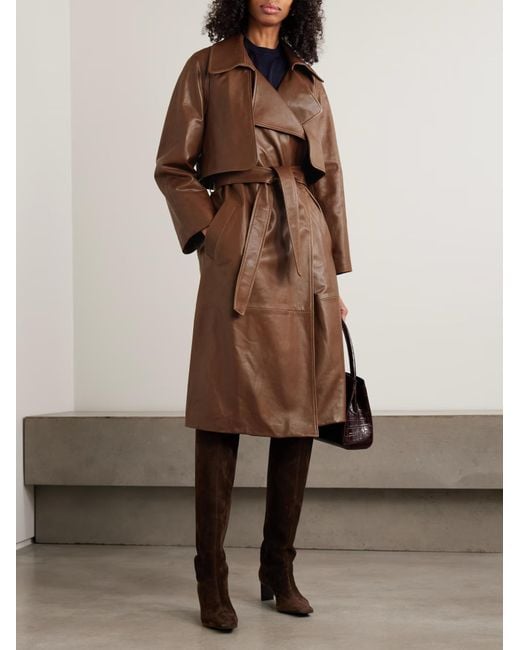 Nour Hammour Brown Belted Leather Trench Coat