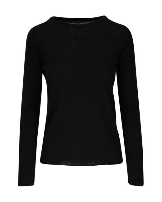 Majestic Filatures Black T-Shirt With Round Neck And Long Sleeves