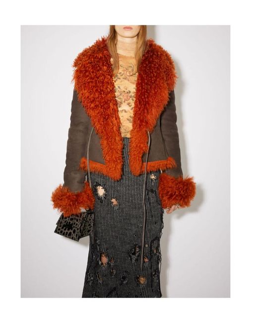 Acne Orange Logo Sheepskin Trimmed Casual Jacket