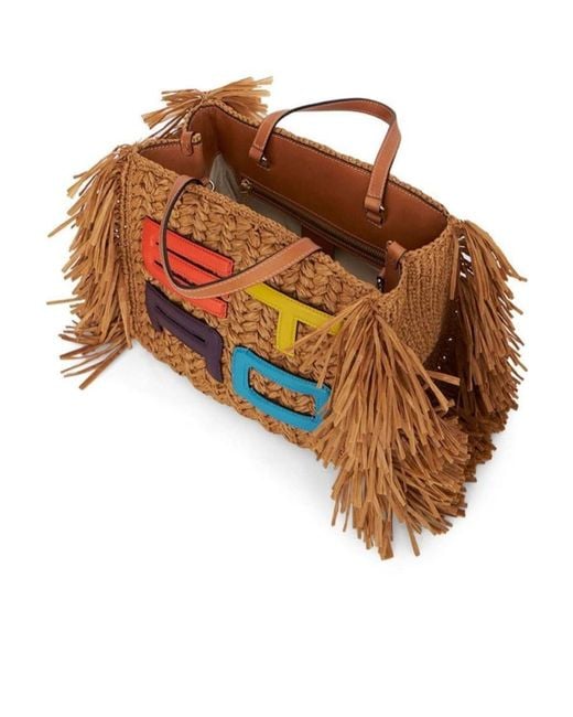 Etro Brown Logo Patch Fringed Edge Tote Bag
