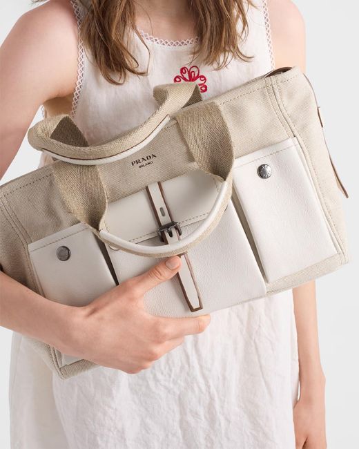 Prada Natural Route Large Canvas And Leather Tote Bag