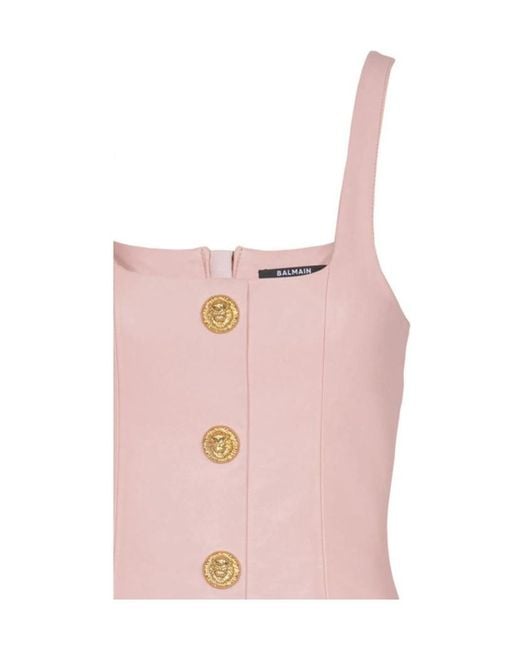 Balmain Women's Pink Buttoned Leather Mini Dress