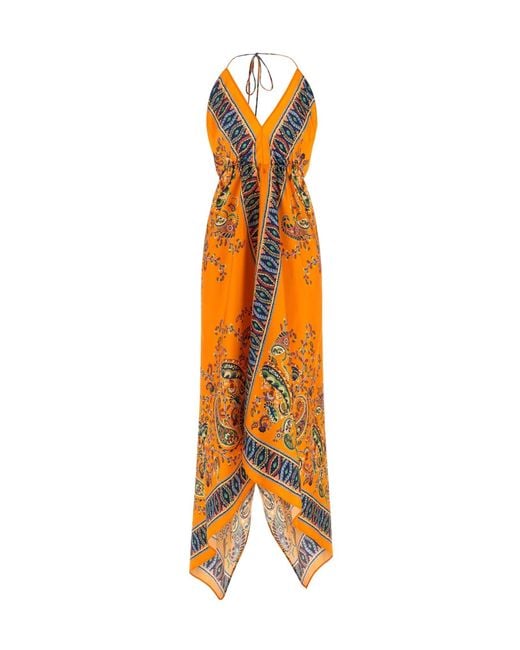 Etro Orange Paisley Printed Tie Fastened Midi Dress