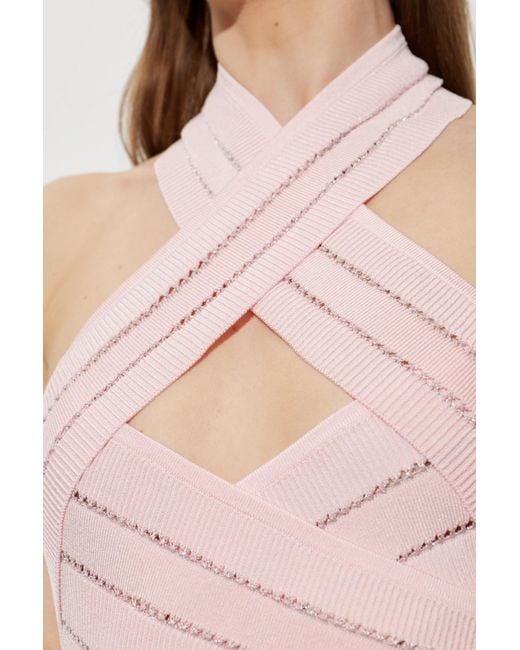 Balmain Pink Cutout Halterneck Knitted Dress
