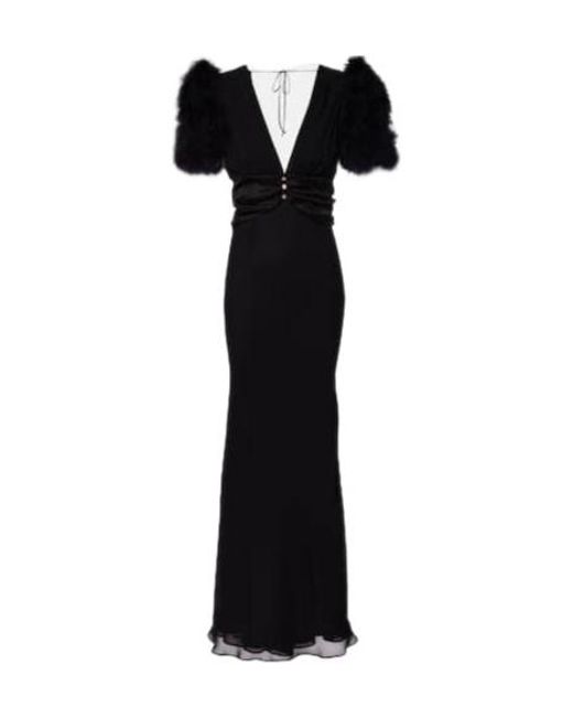 Alessandra Rich Black Feather-Trimmed Silk Georgette Gown