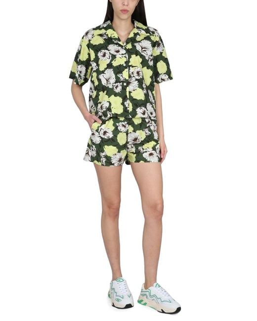 MSGM Green Floral Printed High Waist Shorts