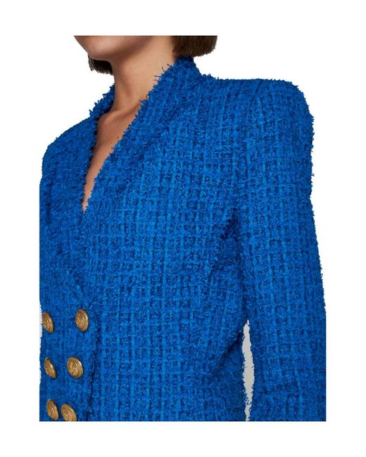 Balmain Blue Double-Breasted Cropped Jacket