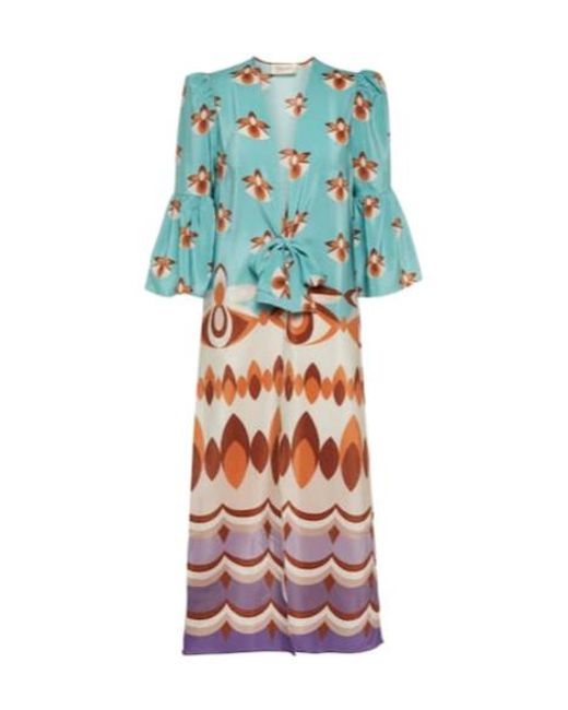 Adriana Degreas Blue Vintage Printed Silk Maxi Dress