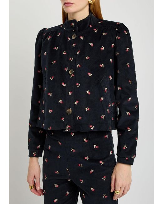 Rixo Blue Floral-Embroidered Fine Cord Jacket