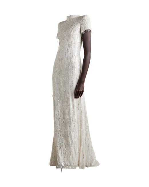 Jenny Packham White Chiffon High-Neck Dress