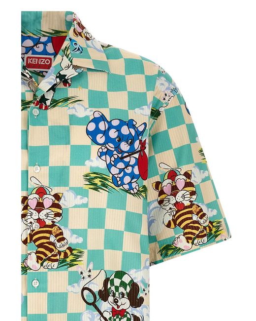 KENZO Green Checked Graphic Print Short Sleeved Shirt for men
