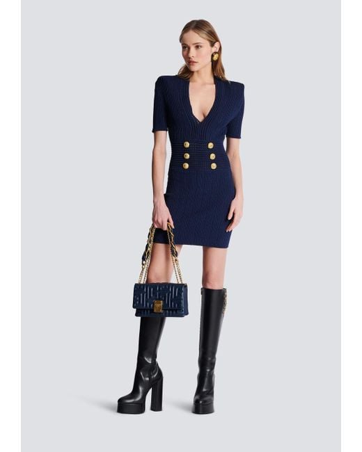 Balmain Blue Logo Button Embellished Knitted Dress