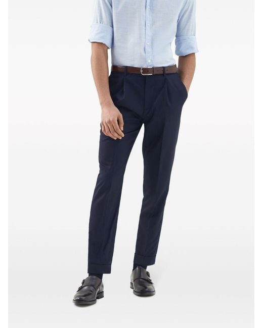 Brunello Cucinelli Blue Tapered-Leg Wool Trousers for men
