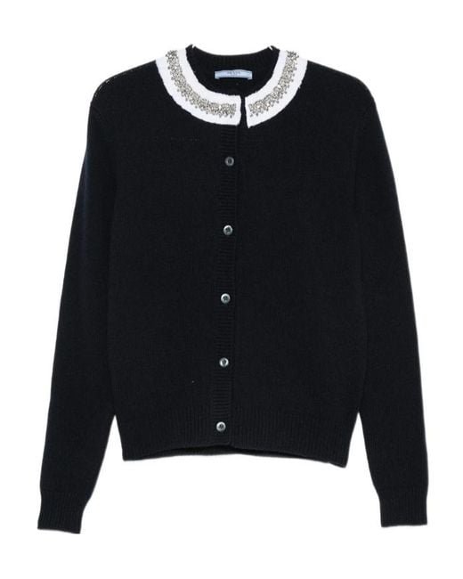 Prada Blue Crystal-Embellished Ruffled-Collar Cardigan