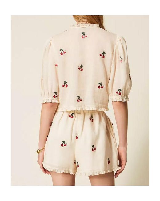 Twinset Natural Embroidered Puff-Sleeve Top