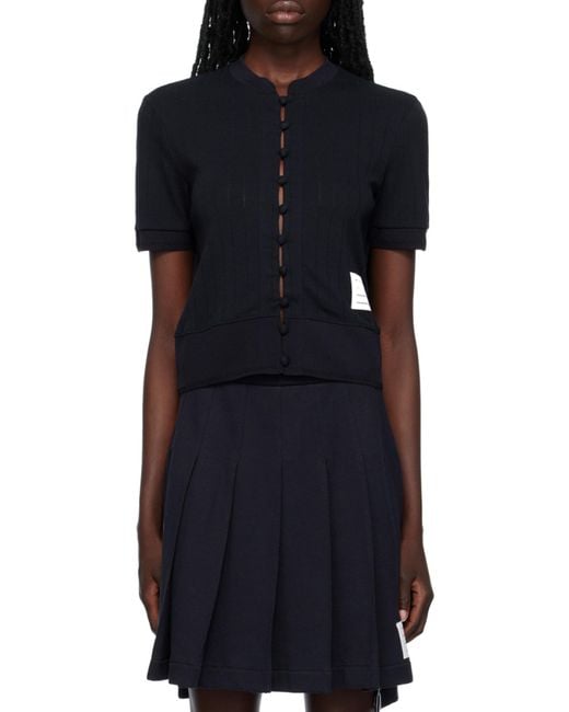 Thom Browne Blue Pointelle Knit Short-Sleeve Cardigan