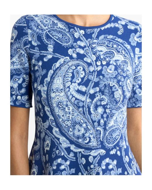 Etro Blue Jacquard Knee-Length Dress With Floral Paisley Motif