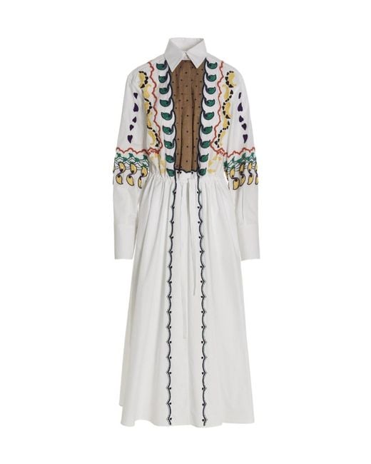 Valentino White Beads-Embroidered Drawstring Long-Sleeved Dress