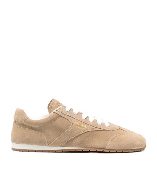 Prada Natural Round-Toe Lace-Up Sneakers