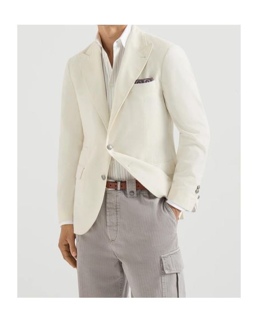 Brunello Cucinelli White Sea Island Cotton Narrow Wale Corduroy Deconstructed Blazer With Large Peak-Lapels And Metal Buttons for men