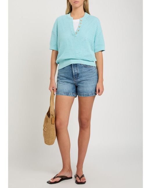 Varley Blue Cotton Hollow-Out Short Sleeve Top