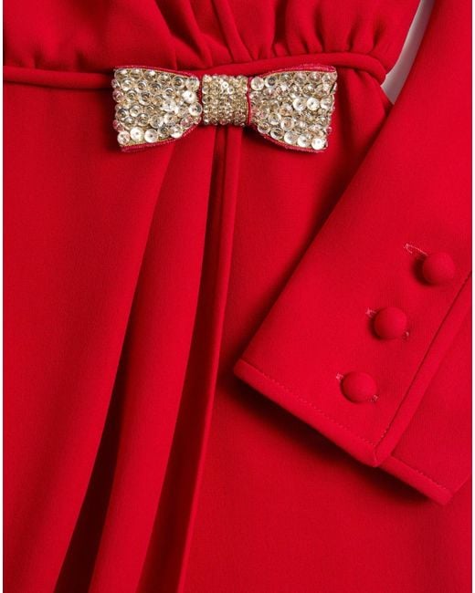 Valentino Red Bow Embellished Long-Sleeved Dress