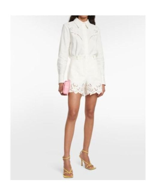 Elie Saab White Embroidered Cotton Shorts
