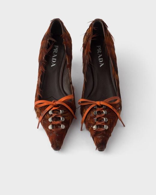 Prada Brown Feather-Embellished Satin Pumps