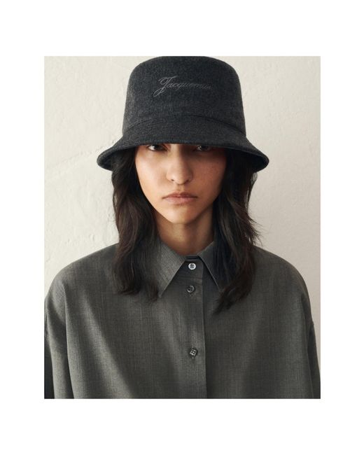 Jacquemus Gray Logo Embroidered Le Bob Bucket Hat for men
