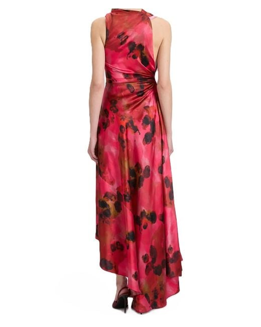 Victoria Beckham Red Asymmetric Hem Floral-Printed Satin Midi Dress