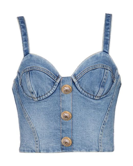 Balmain Blue Denim Bustier Top